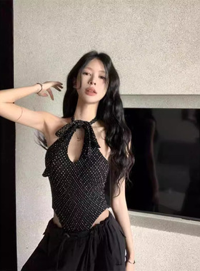 夏季修身绑带内搭辣妹假连体上衣外穿复古波点露背挂脖吊带小