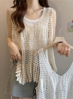 Aico薄款镂空针织衫背心女夏季2024年小个子宽松外穿无袖显瘦上衣