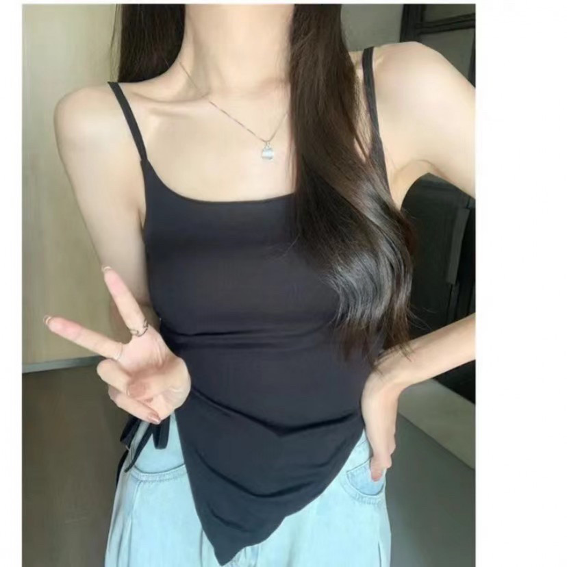 带胸垫女夏季系带设计感外穿甜辣上衣女纯欲法式不规则开叉吊带女