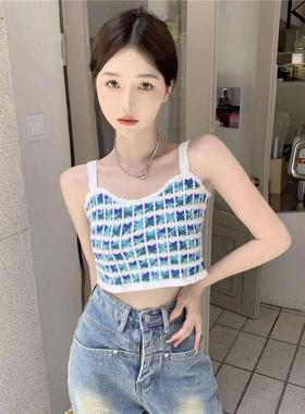 夏季设计短款新款民族复古针织钩花条纹无袖镂空吊带背心外穿上衣