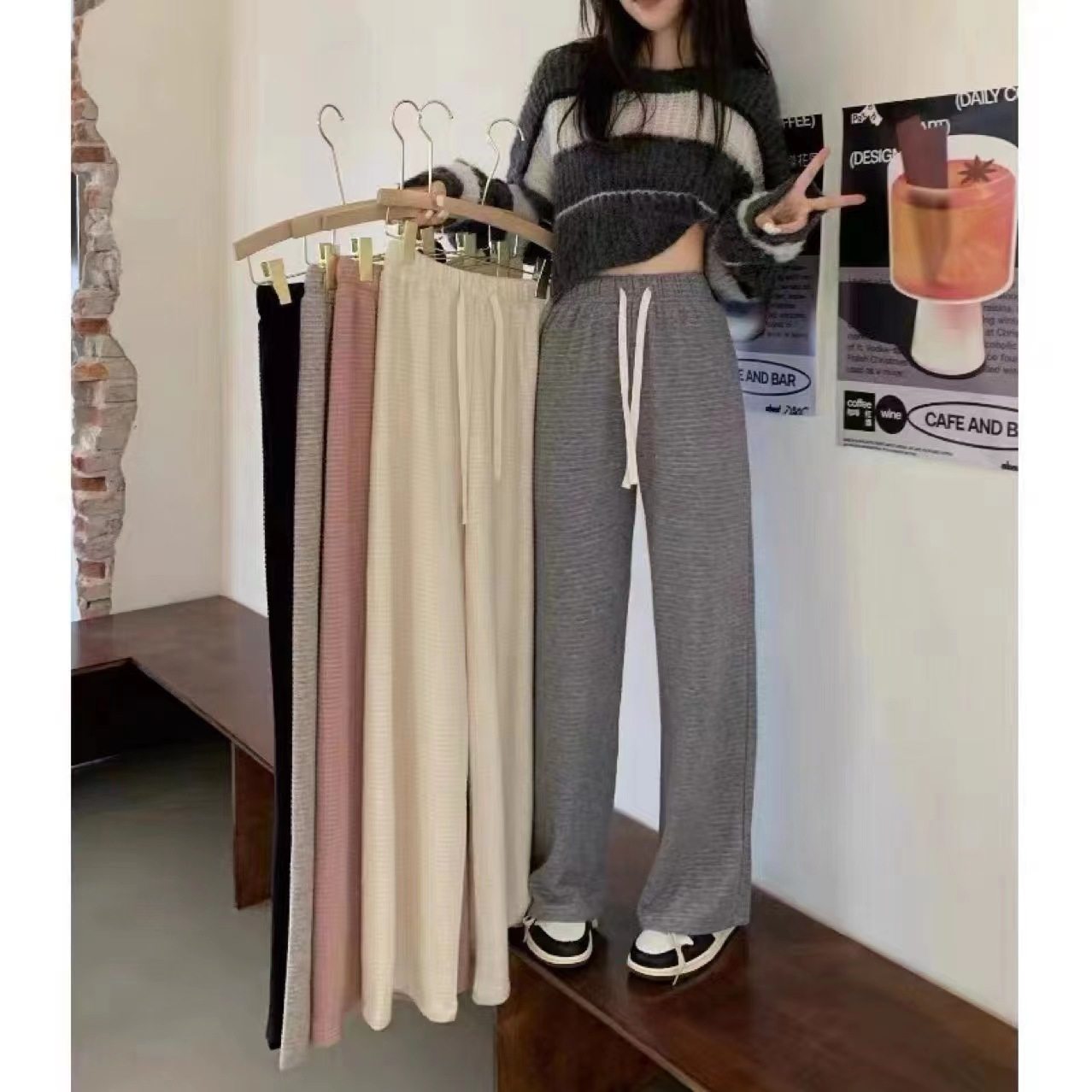 秋季新款！横纹肌理阔腿裤羊绒裤