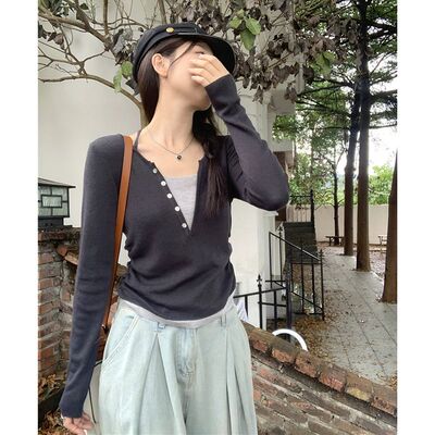 晨领大码设计感针织打底衫假两件女上衣秋季新款胖MM显瘦长袖T恤