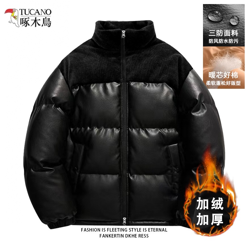 啄木鸟冬季加绒加厚PU皮棉衣