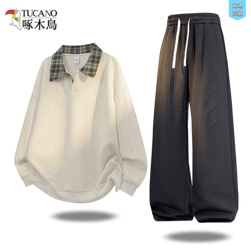 啄木鸟提花格纹假两件套装卫衣男春秋新款撞色翻领polo衫长袖上衣,男装,休闲运动套装,淘宝优惠券,粉丝福利购,淘宝优惠卷