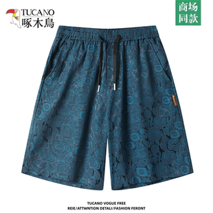 高街提花百搭直筒裤 啄木鸟冰丝休闲短裤 弹力舒适五分裤 薄款 男夏季