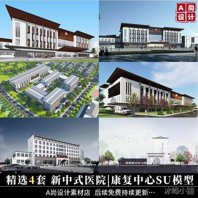 中式徽派简约养老院医疗中心医院住院楼门诊部大门入口建筑SU模型