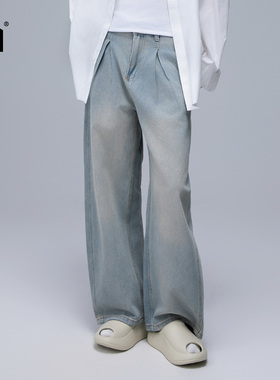 1701新款设计感褶皱宽松显瘦牛仔裤阔腿裤男女同款