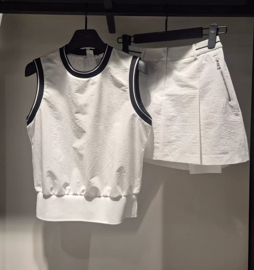 薄款拼色无袖上衣套装显瘦A字短裙高尔夫服装女运动高球棒球裙子