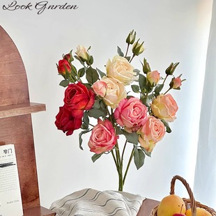 法式复古焦边玫瑰高级多头油画仿真花仿生干花手捧花花束假花摆设