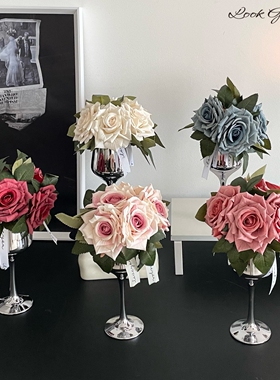 高级感轻奢仿真花玫瑰客厅装摆件高脚杯花瓶插花花艺餐桌花假花