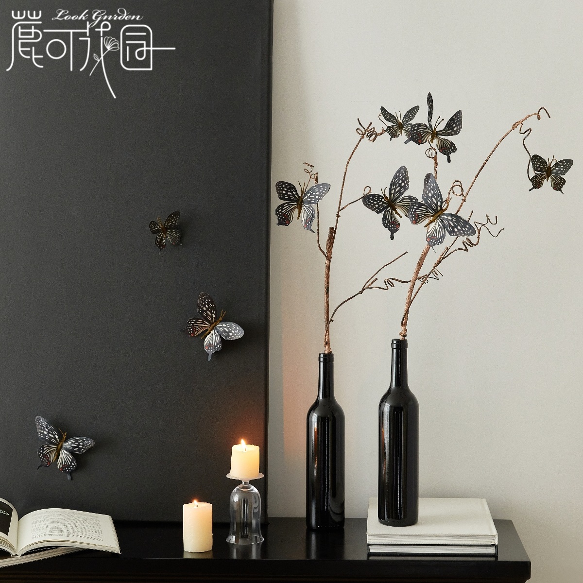 立体仿真蝴蝶黑色蓝色复古仿真花高端假花客厅摆设家居摆件装饰