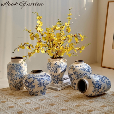 新中式中古青花瓷复古花瓶陶瓷鲜花新年客厅装饰品摆件插花花器