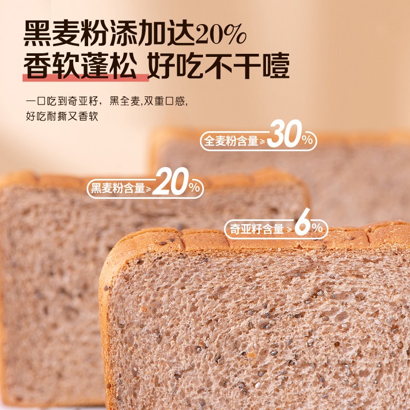 奇亚籽黑麦全麦面包吐司无蔗糖营养代餐饱腹糕点零食整箱工厂