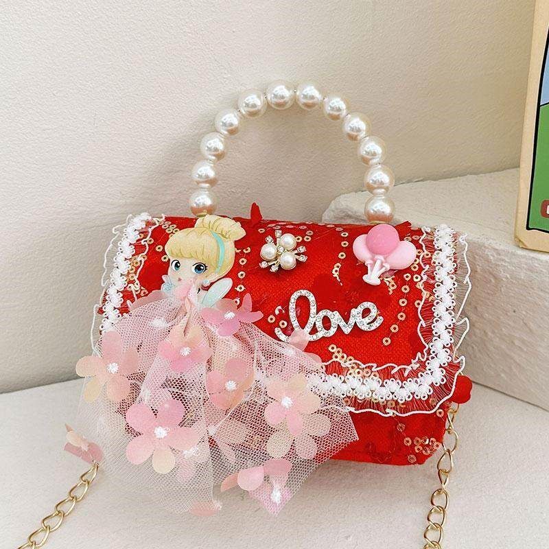 23年新款红色系儿童包包小女孩公主包可爱时尚蝴蝶珍珠手提斜挎包