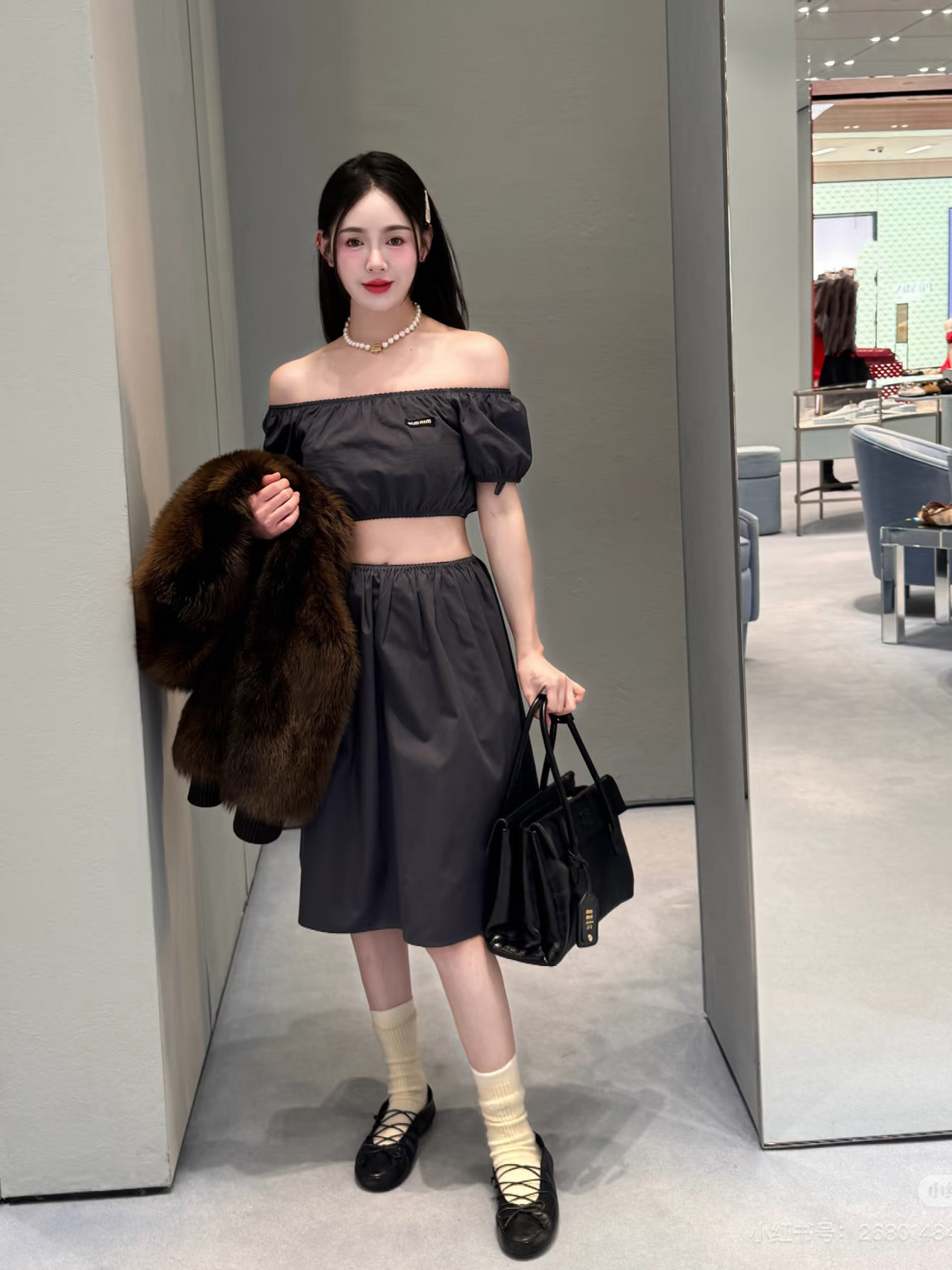 复古藏青色一字领泡泡袖短袖短款抹胸上衣 少女感减龄甜辣风漏腰