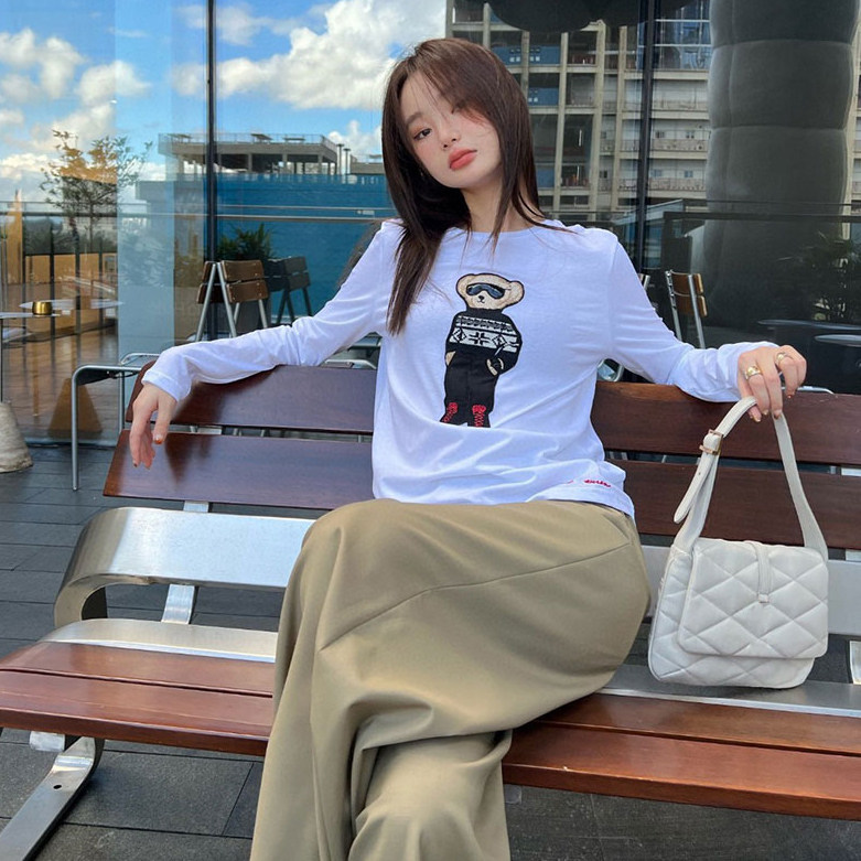 2024早秋薄棉重工泰迪小熊刺绣宽松显瘦高级百搭长袖T恤女上衣潮