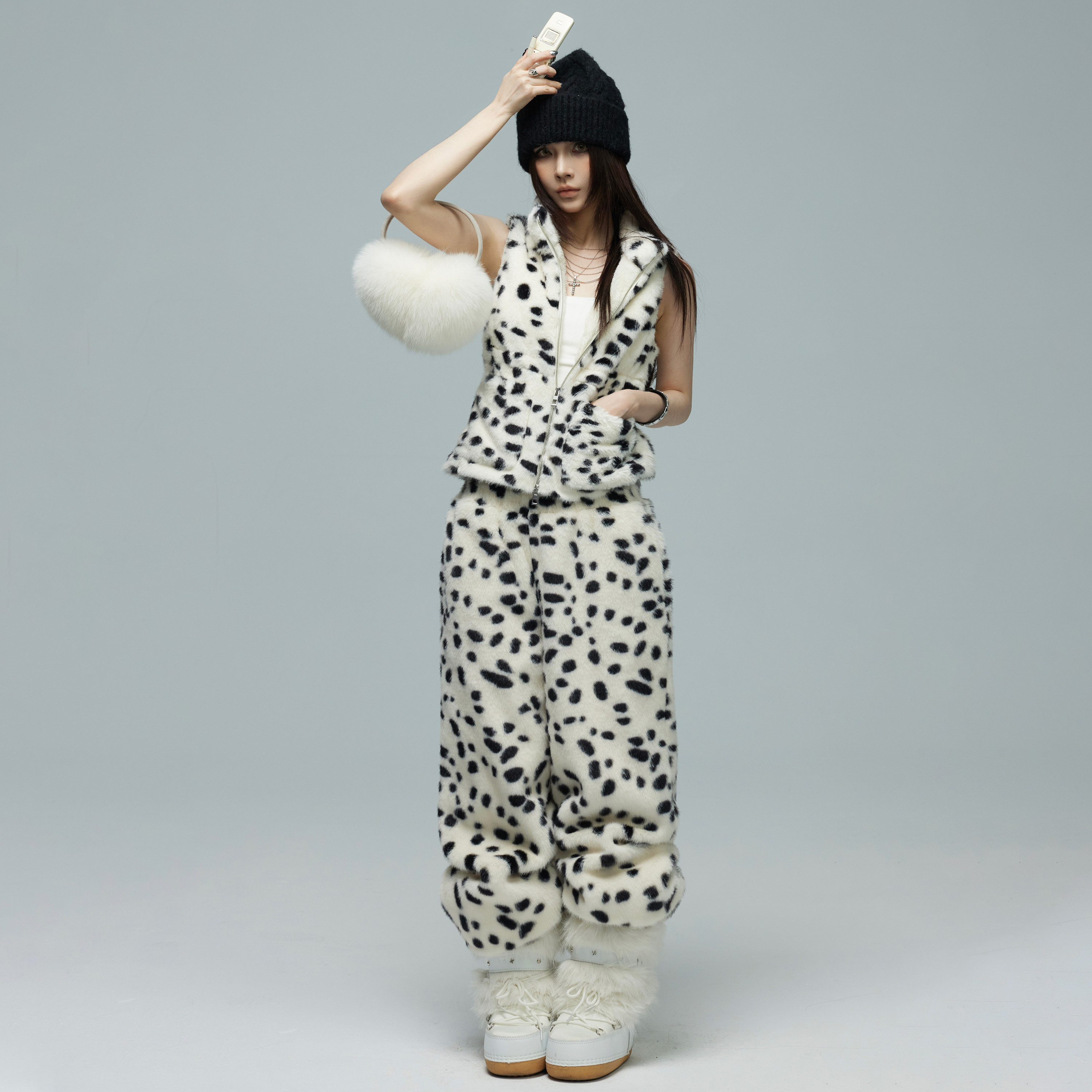欧美辣妹风斑点毛绒马甲长裤套装