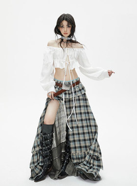 Common in 0120 低腰性感露腿下摆多层开叉半身裙双层格纹中长裙