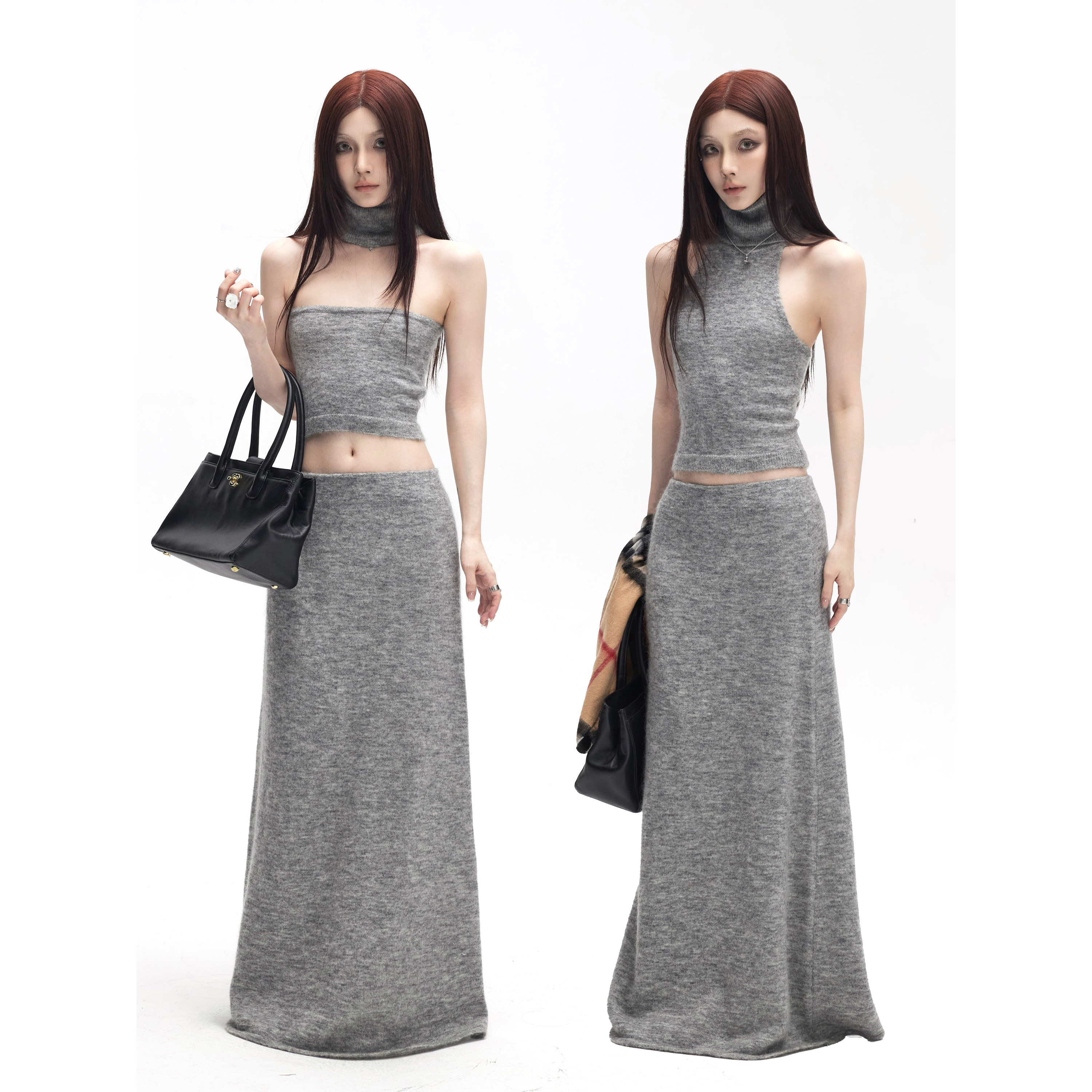 辣妹两穿高领挂脖背心马海毛套装