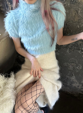 Common in 0120毛茸茸baby蓝 高级仿水貂毛高领短袖毛衣女短上衣