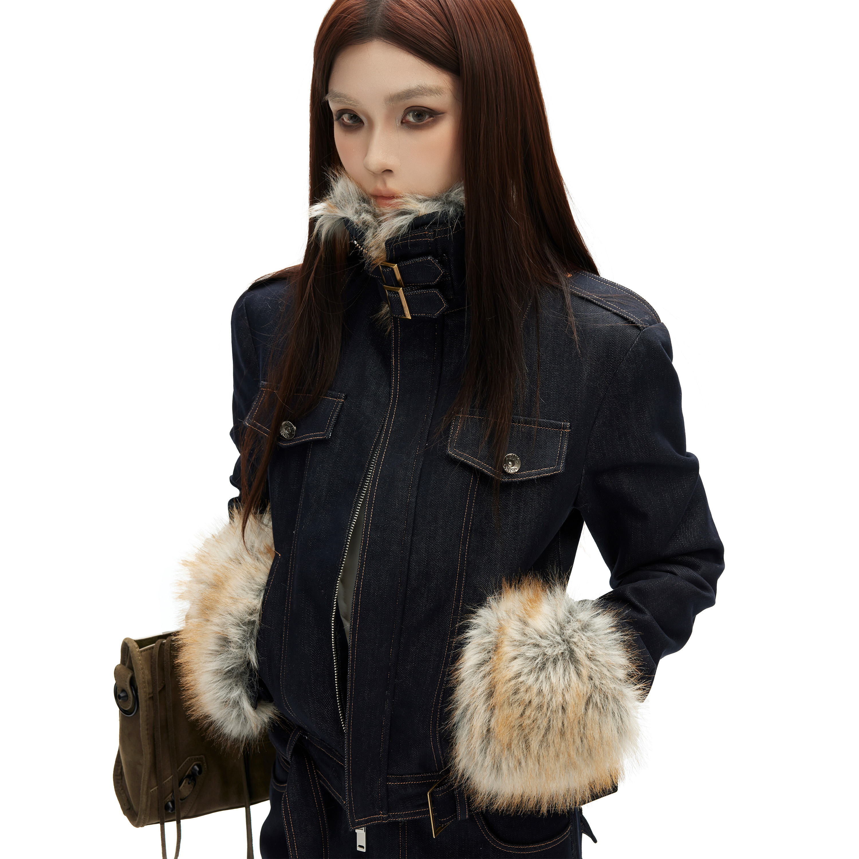 美式可拆卸毛领正肩短款牛仔外套