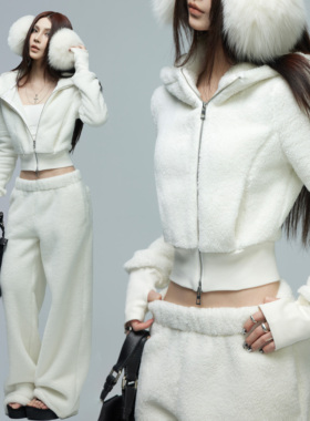 common in 0120初雪飘落连帽加厚斜拉链短外套摇粒绒修身显瘦长裤