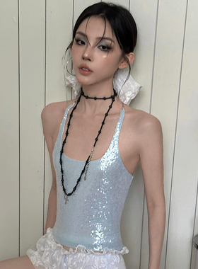 Common in 0120冰蓝璀璨 浅水蓝银色珠片链条吊带辣妹无袖背心女