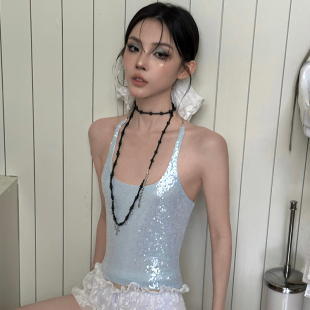 浅水蓝银色珠片链条吊带辣妹无袖 0120冰蓝璀璨 背心女 Common