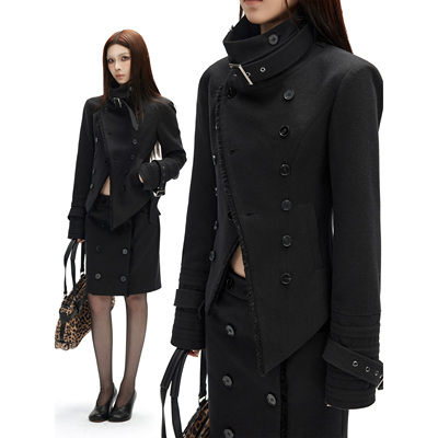 正肩双排扣流苏立领长袖短外套女