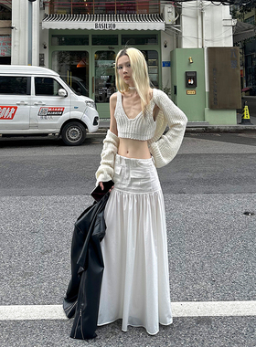 Common in 0120 白色高级拼接低腰超大伞裙半身裙小众a字长裙女