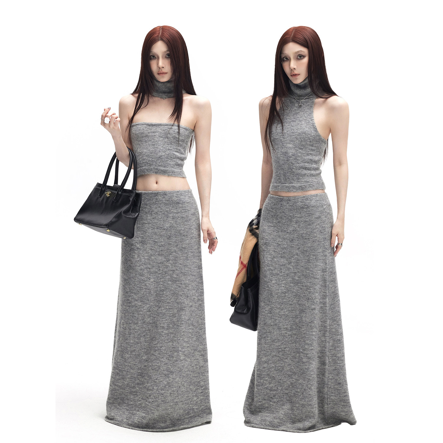 辣妹两穿高领挂脖背心马海毛套装