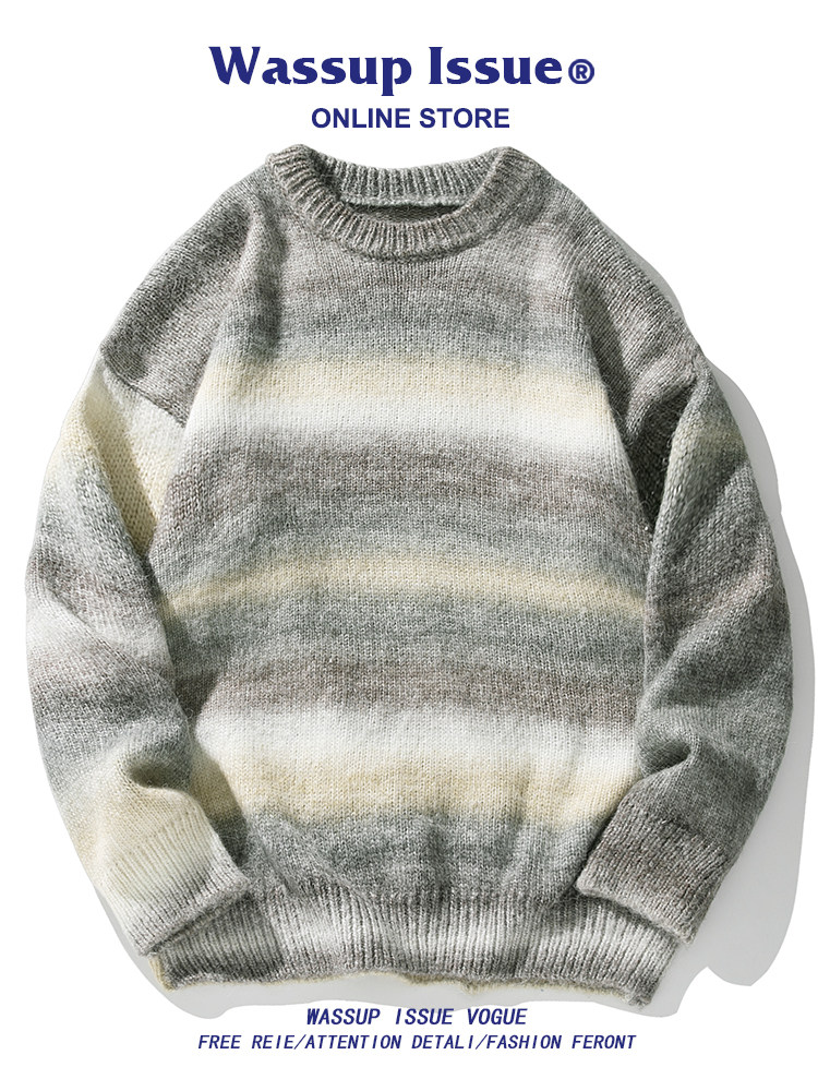 WASSUP ISSUE 일본 복고풍 타이 염색 그라데이션 가디건 남성 가을 겨울 느슨한 니트 스웨터 남성 스웨터