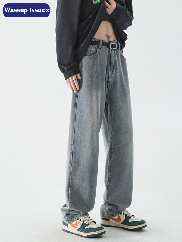 WASSUP ISSUE AMERICAN YELLOW CLAY JEANS MENS AUTUMN WINTER HIGH STREET LOOSE WASH WIDE-LEG STRAIGHT PANTS MEN