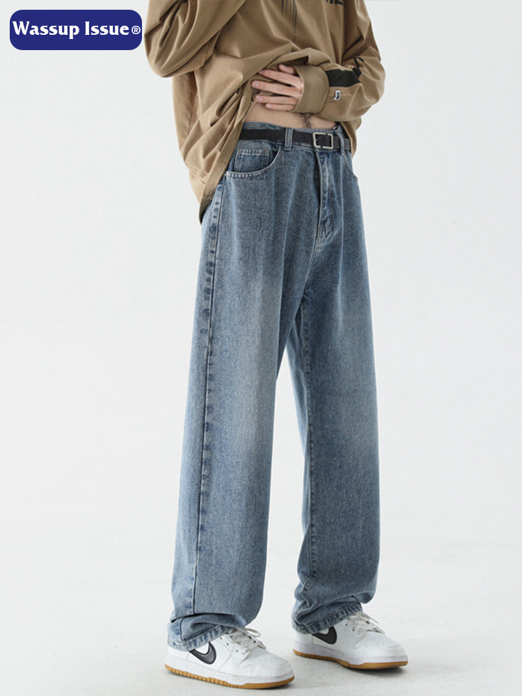 WASSUP ISSUE AMERICAN YELLOW CLAY JEANS MENS AUTUMN WINTER HIGH STREET LOOSE WASH WIDE-LEG STRAIGHT PANTS MEN