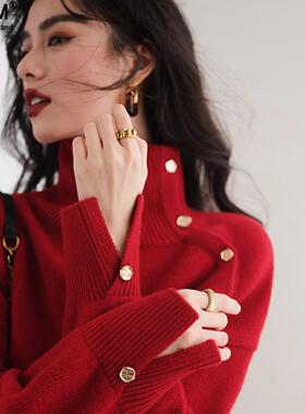 2024 圣诞氛围感软糯高领毛衣气质新年本命红色针织上衣秋冬新款