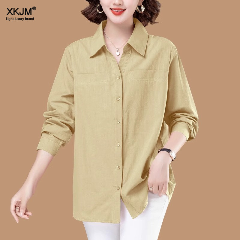 女士衬衫2025新款春秋长袖宽松大码纯棉衬衣中年妈妈全棉翻领上衣