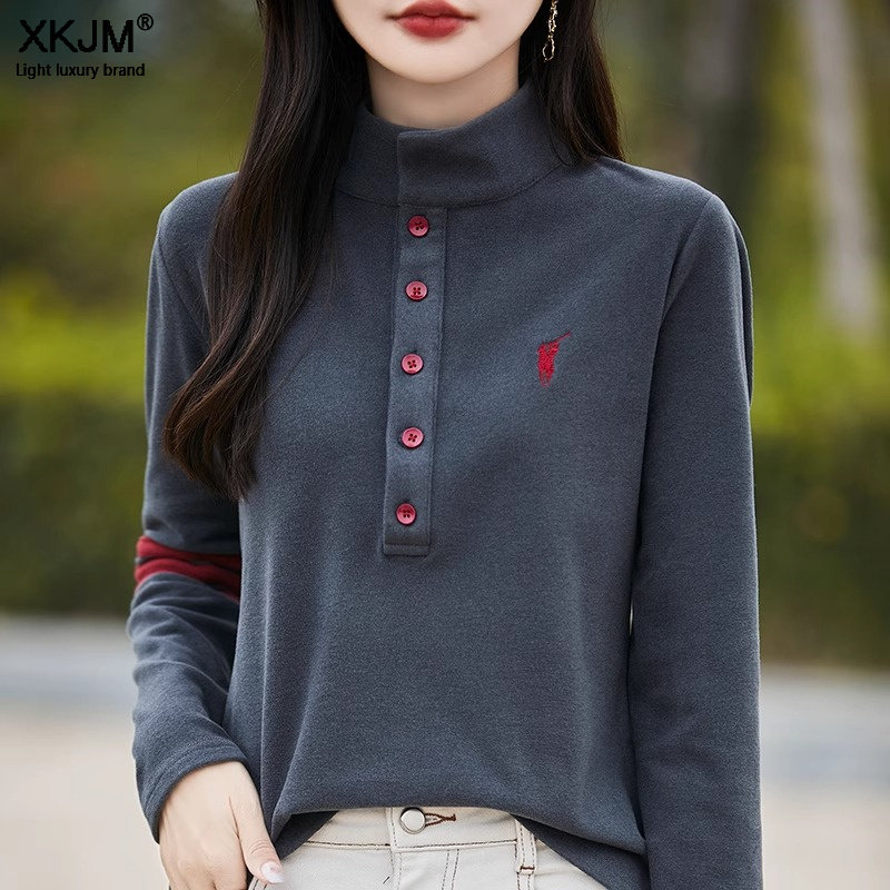 简约立领加厚双面磨毛德绒保暖女宽松减龄保暖打底衫卫衣2026春秋