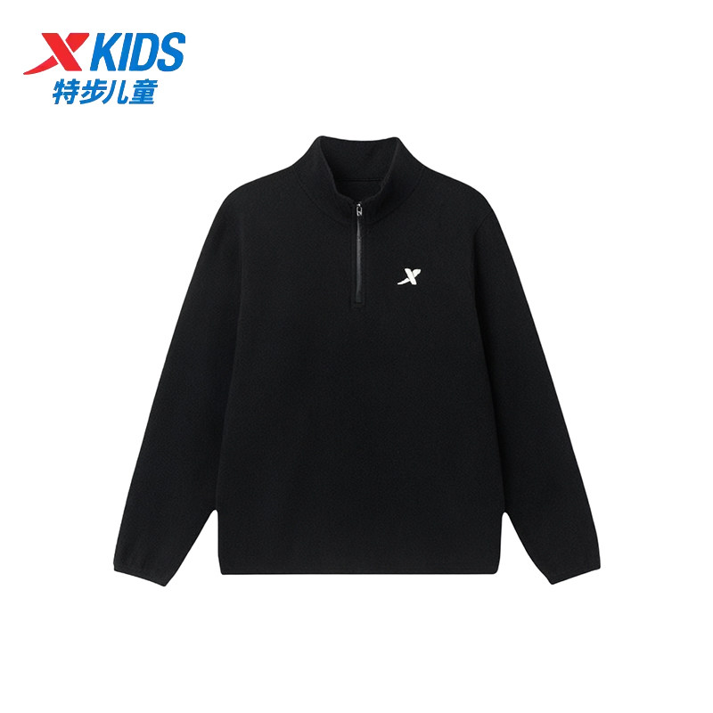 特步儿童装2025冬男童摇粒绒保暖卫衣加绒半拉链外套675425204405