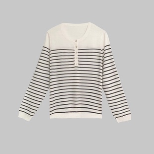 加州天使大洪官方严选自营店圆领条纹宽松薄款 显瘦春秋女 针织衫