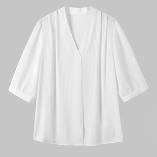 衬衫 口微收碎褶V领短袖 仿醋酸暗纹袖 大洪官方严选店都市girl新款