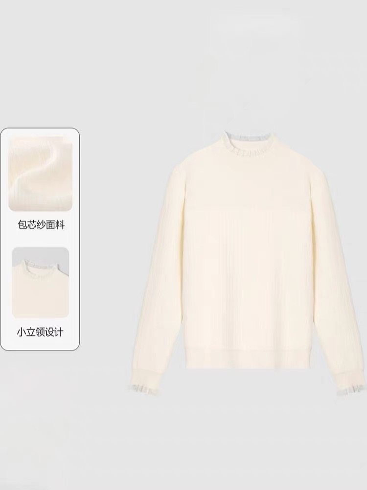 【温柔叠搭】官方冬新款法式浪漫蕾丝小立领针织衫女坑条肌理毛衣