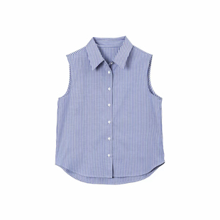 四季 衬衫 叠搭 百搭条纹无袖 叠穿背心翻领衬衣内搭显瘦 秋冬新款