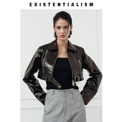 EXISTENTIALISM 25春季新款女亮皮短款夹克女时尚宽松休闲外套