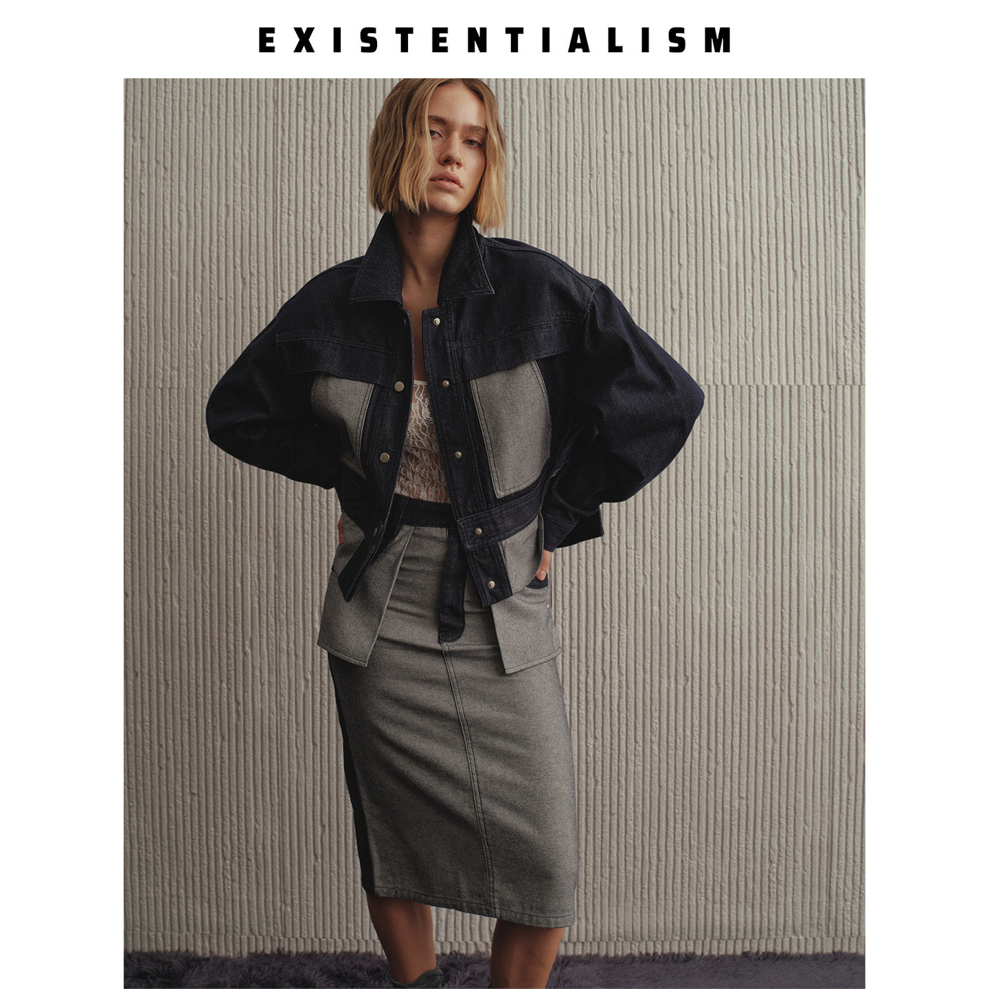 EXISTENTIALISM 做旧水洗牛仔夹克女 多口袋翻领工装休闲长袖外套