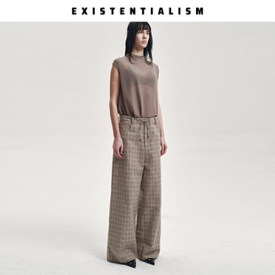 EXISTENTIALISM 26SS 春季新款格纹阔腿裤女复古百搭抽绳休闲长裤