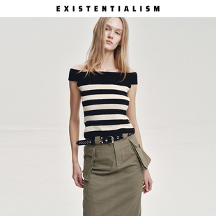 EXISTENTIALISM26新款春夏一字肩针织条纹女上衣气质修身显瘦T恤