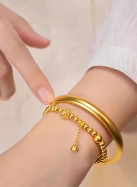 古法传承泥鳅背莲花心经手镯女沙金实心高级感素圈不掉色三金首饰