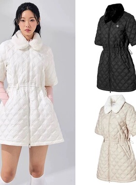 40B177韩单高尔夫女士秋冬保暖毛绒翻领绗缝夹棉短袖长款棉服马甲