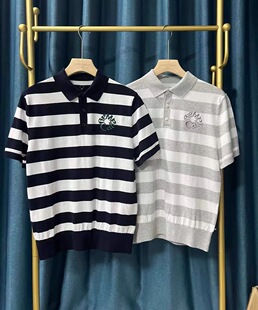 B046 出口余韩单高尔夫球男士春夏新品条纹针织短袖T恤衫弹力速干