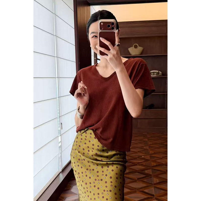 HERLAND她地 崔婶儿 麻辣妹 松弛感微透亚麻短袖针织衫女通勤百搭